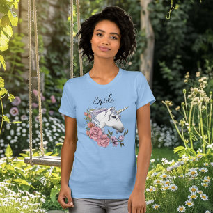 T-shirt Unicorne blanche Fleurs roses Mariage bleu