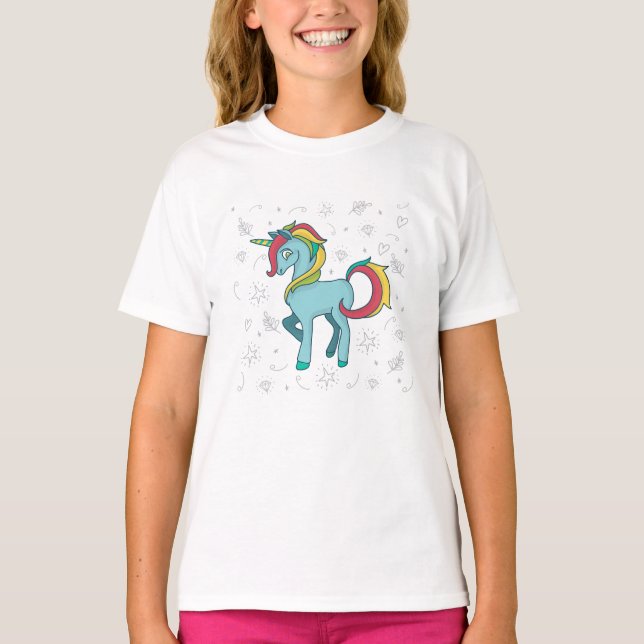 T-shirt Unicorne bleue avec Doodles (Devant)