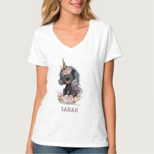 T-shirt Unicorne noire mignonne avec Fleurs Aquarelle Unic
