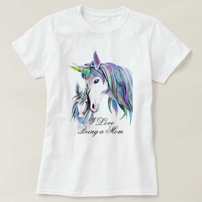 T-shirt Unicornes turquoises pourpres Mère et Fils (Design devant)
