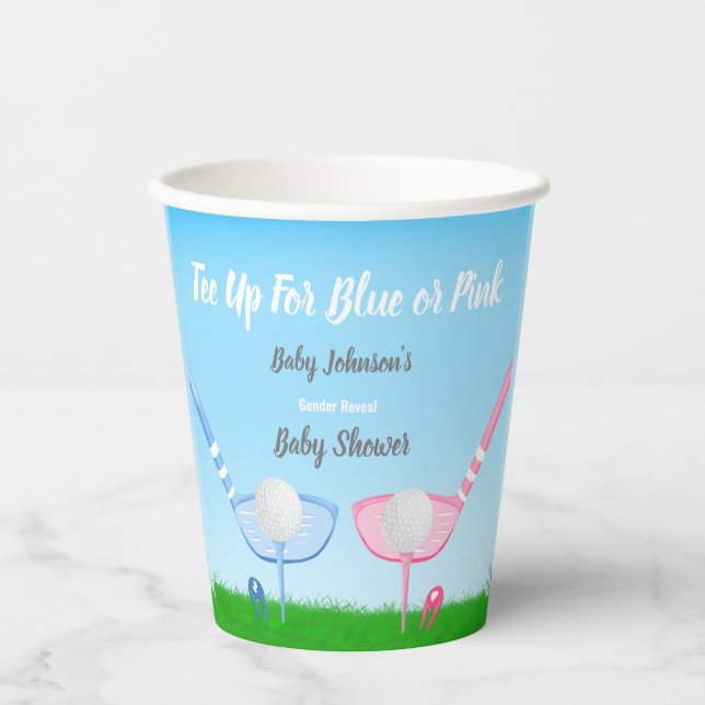 T-Shirt Up Blue oder Pink Golf Gender Reveal Baby  Pappbecher (Vorderseite)