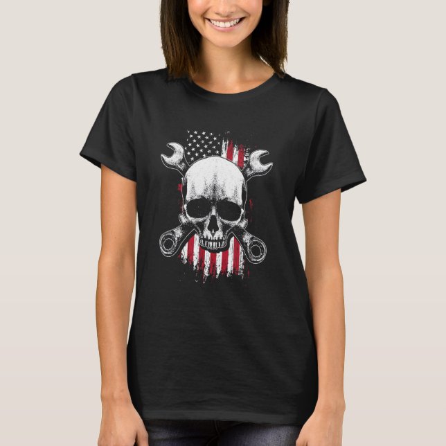 T-shirt US American Flag  Wrench Tools  Garage Skeleton Me (Devant)