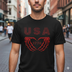 T-Shirt USA 1776 Cœur Squelette Patriotique Mains