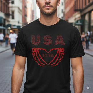 T-Shirt USA 1776 Cœur Squelette Patriotique Mains