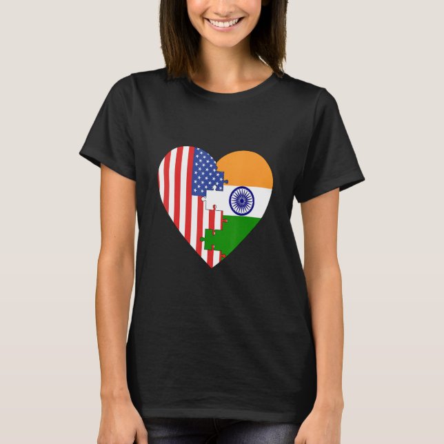 T-shirt USA and India Flags Heart (Devant)