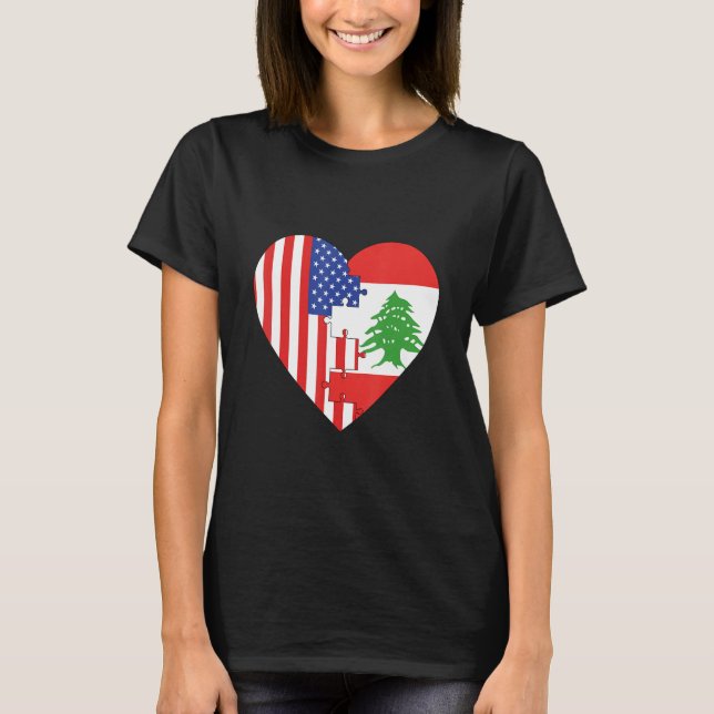 T-shirt USA and Lebanon Flags Heart (Devant)