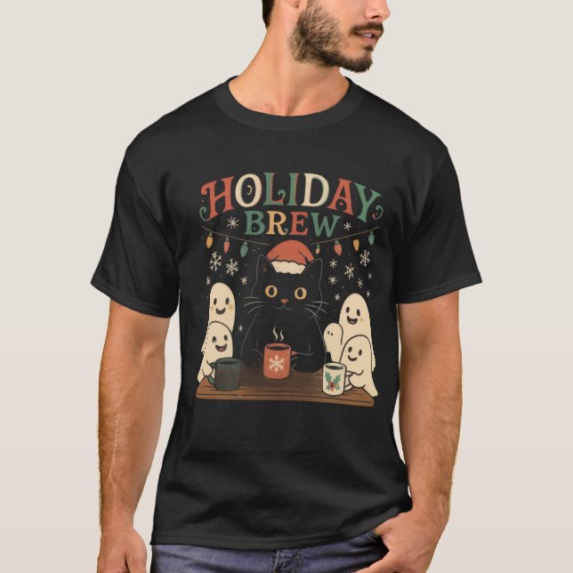 T-shirt Vacances - Chat noir mignon & Fantômes Noël (Devant)