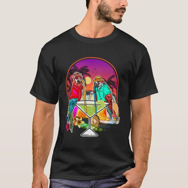 T-shirt Vacances d'été tropicales Oiseaux Perroquets Boire (Devant)