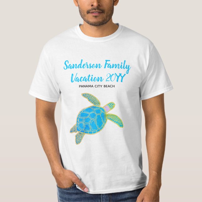 T-shirt Vacances en famille Tortue de mer bleu Turquoise (Devant)