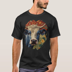 T-shirt Vache bleu rétro dans le jardin de tournesol