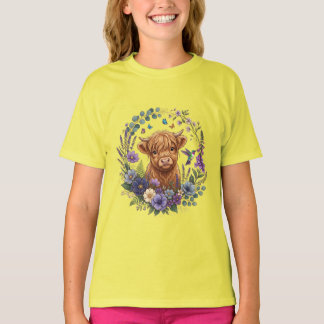 T-shirt Vache des Highlands Fleurs sauvages Papillons Flor
