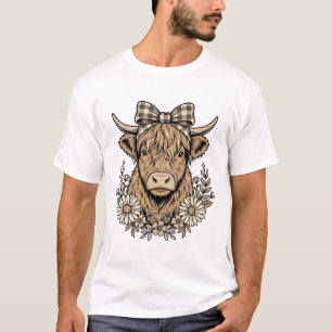 T-shirt Vache des Highlands noeud floral dessin de gravure