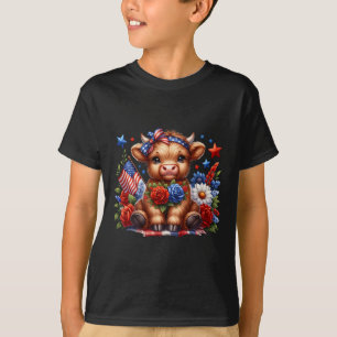 T-shirt Vache Highland 4 Juillet Floral Usa Vache Patrioti