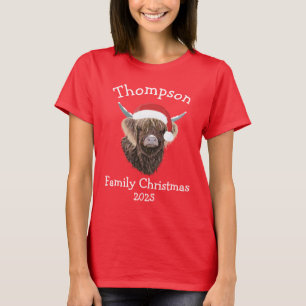 T-shirt Vache Highland de Noël familiale personnalisée
