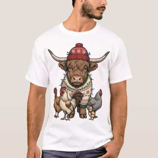 T-shirt Vache Highland et poulets de Noël Gravure vintage