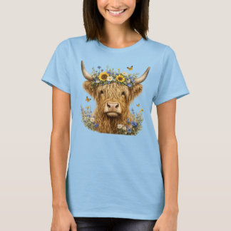 T-shirt Vache Highland Florale Rustique