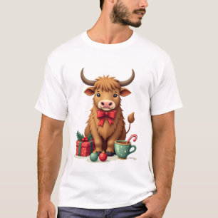T-shirt Vache Highland Noël Vintage avec cadeau à ruban et
