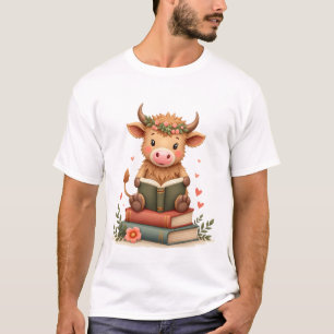 T-shirt Vache Highland Vintage Lisant des Livres Floral Ch