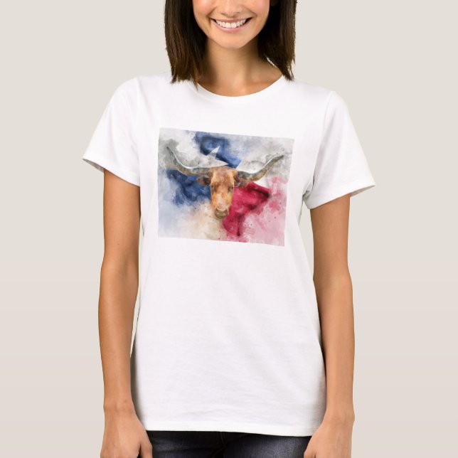 T-shirt Vache Longhorn avec Texas Drapeau Carte Aquarelle (Devant)