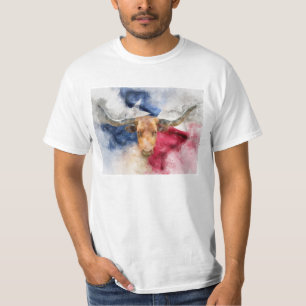 T-shirt Vache Longhorn avec Texas Drapeau Carte Aquarelle