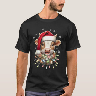 T-shirt Vache Santa Chapeau Lumière de Noël Arbre Animal X