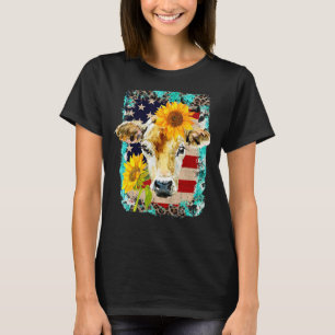 T-shirt Vache USA Flag Farming Cow Cow Sunflower Farm Ani