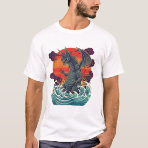 T-shirt Vague de soleil couchant rétro de monstre japonais