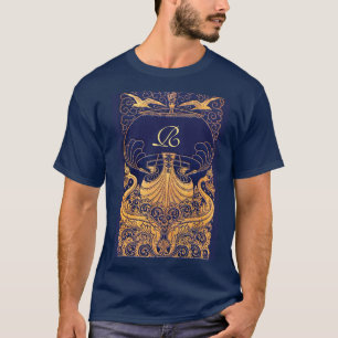 T-shirt Vaisseau antique, Dauphins, Or, Monogramme bleu ma