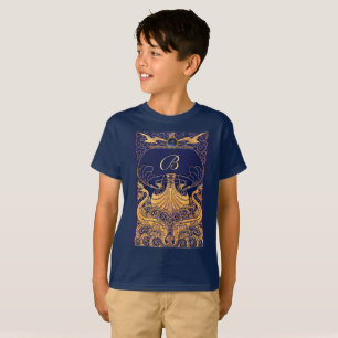 T-shirt Vaisseau antique, Dauphins, Or, Monogramme bleu ma