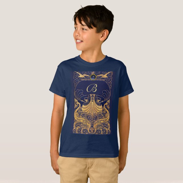 T-shirt Vaisseau antique, Dauphins, Or, Monogramme bleu ma (Devant entier)