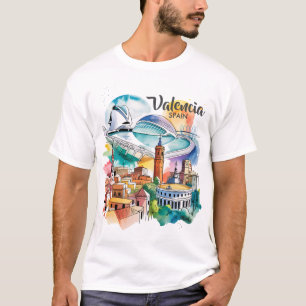 T-shirt Valencia Espagne Paysage Urbain Aquarelle Voyage S