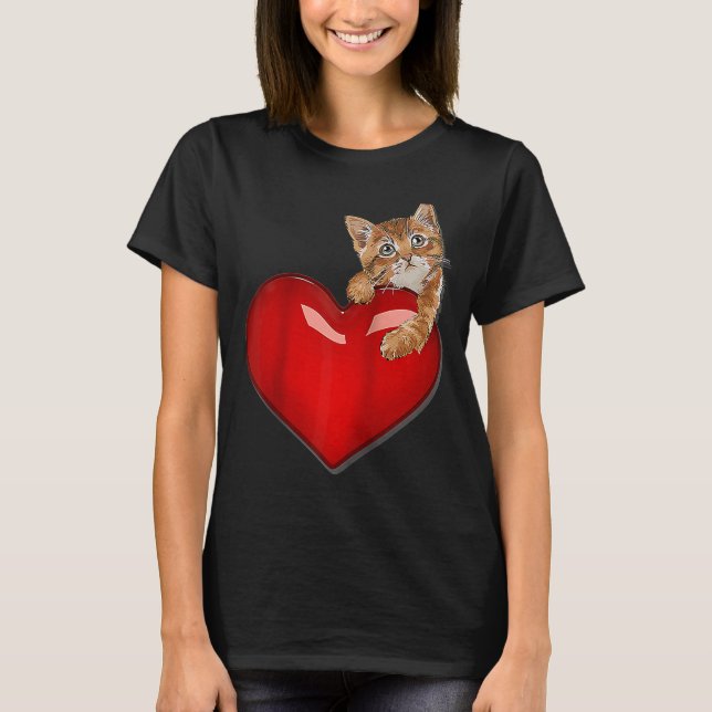 T-shirt Valentines Day Chat w Red Heart mignon chaton vale (Devant)