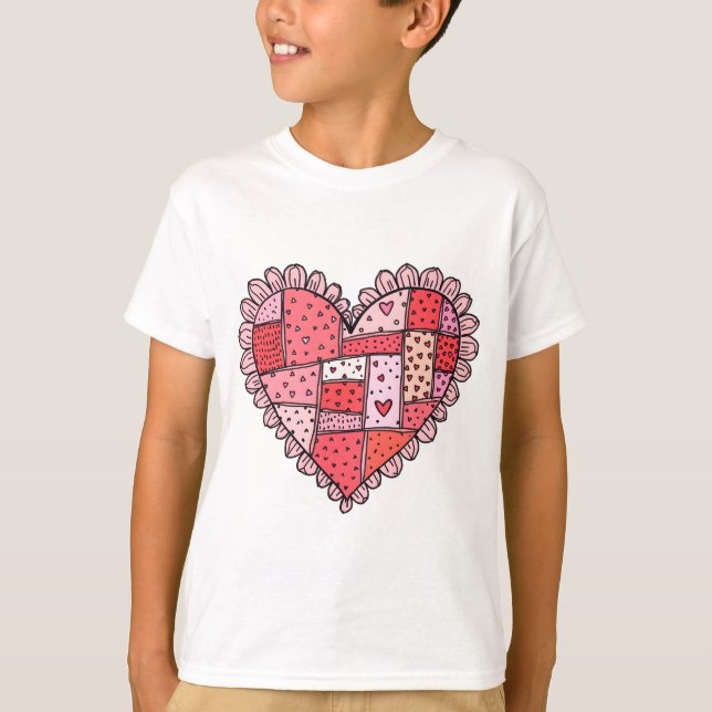 T-shirt Valentine's Day Faux Patchwork Heart Doodle Kids (Devant)