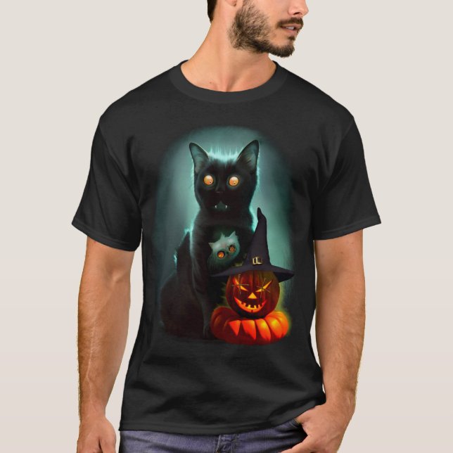 T-shirt Vampire Chat et Assistant Citrouille Halloween Sur (Devant)