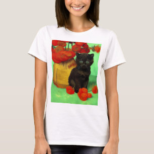 T-shirt Van Gogh Black Kitten Fleurs rouges