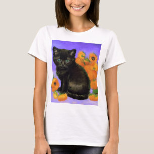 T-shirt Van Gogh Kitten noir avec des tournesols