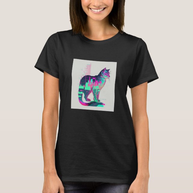 T-shirt Vaperwave Aesthetic Glitch Cat Retrowave Synthwave (Devant)