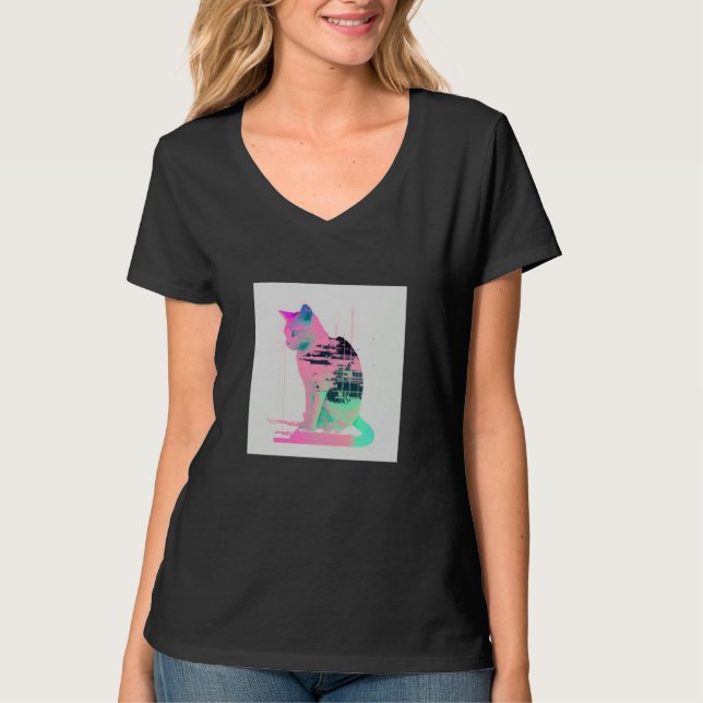 T-shirt Vaperwave Aesthetic Glitch Cat Retrowave Synthwave (Devant)
