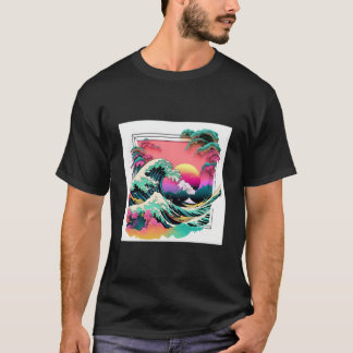 T-shirt Vaperwave Aesthetic Glitch Great Wave Wave Synthwa