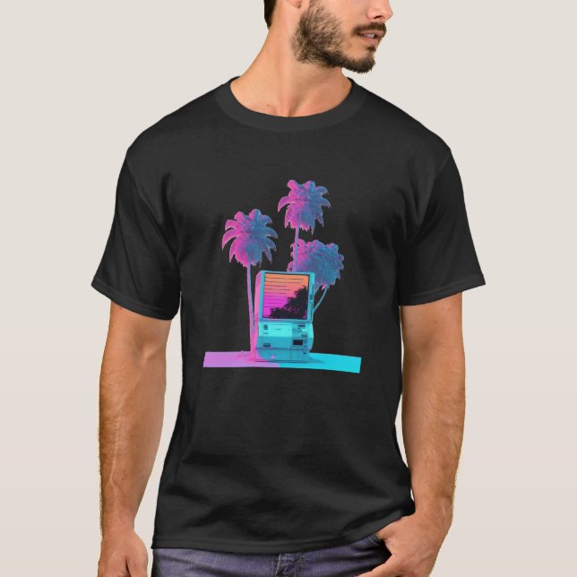T-shirt Vaperwave Aesthetic Glitch Palm Tree Retrowave Syn (Devant)