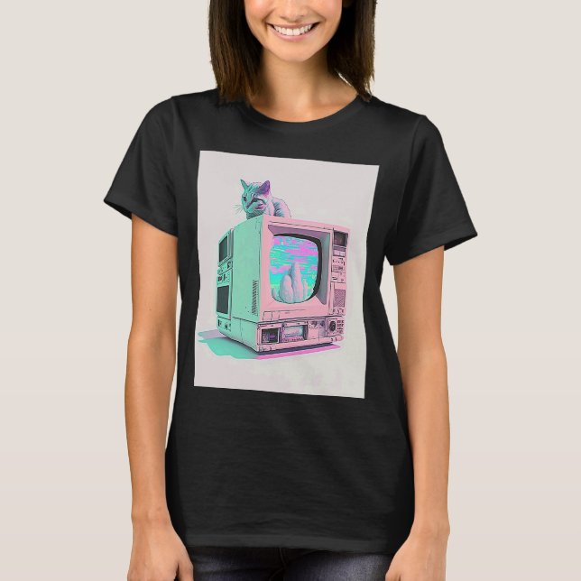 T-shirt Vaperwave Aesthétique Glitch Chat Rétrowave Synthw (Devant)