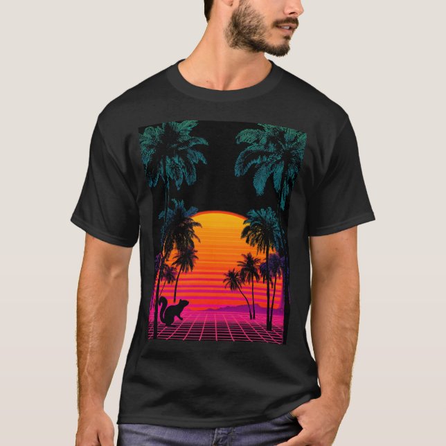 T-shirt Vaporwave Sunset Palms – Neon Squirrel Gridscape (Devant)