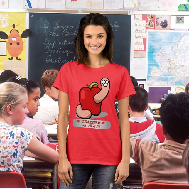 T-shirt Ver d'appréciation de professeur dans Nom d'Apple  (Teacher Name Worm in Apple Appreciation Women's T-Shirt)