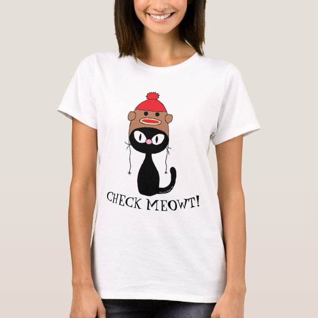 T-shirt VÉRIFIEZ MEOWT ! Chat noir avec Casquette de singe (Devant)