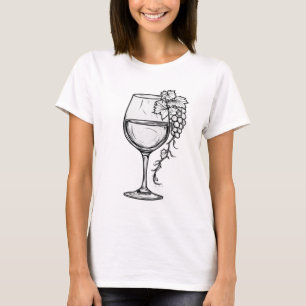 T-shirt Verre à vin minimaliste et dessin de raisins en li