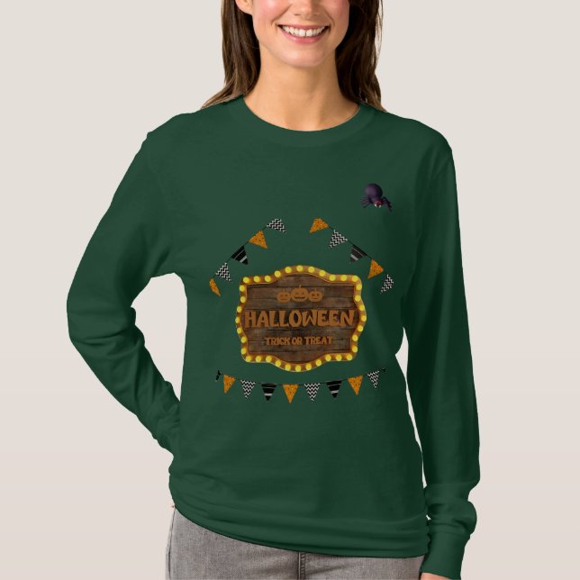 T-shirt vert femme en carton de néon en halloween  (Devant)