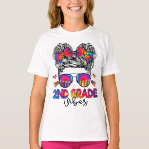 T-shirt Vibes de 2e année Messy Bun Girl Second Grade Back