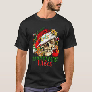 T-shirt Vibes de Noël rétro Skeleton Sketch Santa Hat Xma