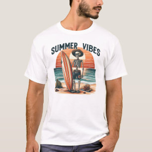 T-shirt Vibes d'été Skeleton Surfer Sunset Beach Design