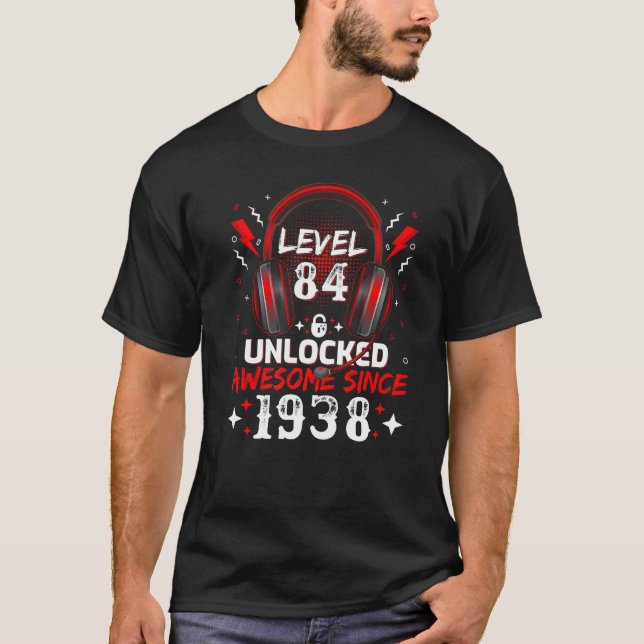 T-shirt Video Gamer Niveau 84 Déverrouillé Awesome 1938 84 (Devant)